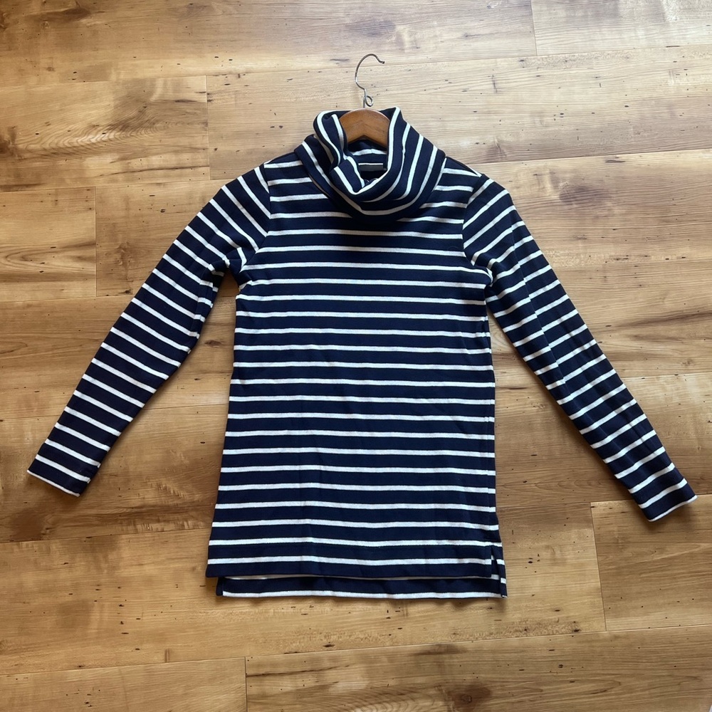 LL Bean 100% Cotton Blue and White Striped Cowl Neck Sweater, Women’s XS Regular